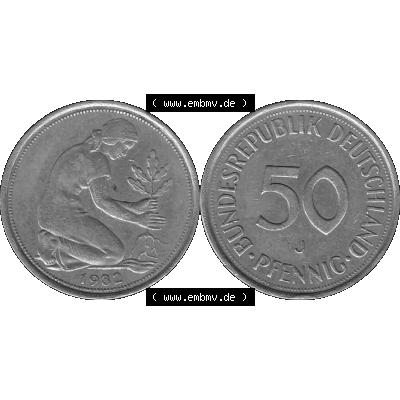BRD Münzen Deutschland J 50 Pf. Umlaufmünze in Graustufen PNG 1950-2001, 50 Pfennig 1982 Münzzeichen "J" für Hamburg "J"-01 Graustufen. PNG Computer-Grafik... Sammlung