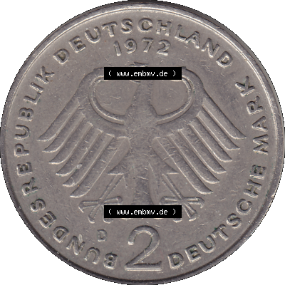 BRD Münzen 2 DM, Gedenkmünze in PNG 1969-1987, 2 DM, Deutsche Mark Konrad Adenauer 1972 Münzzeichen München D-1. Vorderseite mit Deutschen Adler von 2 DM Gedenkmünze... Sammlung