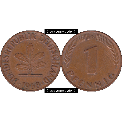 BRD Münzen in PNG 1950-2001, 1 Pfennig der BRD Deutschland 1968, 1960er Jahre Mzz. München D-01. Die PNG-Grafik zeigt eine 1 Pfennig Münze der Bundesrepublik Deutschland.... Sammlung