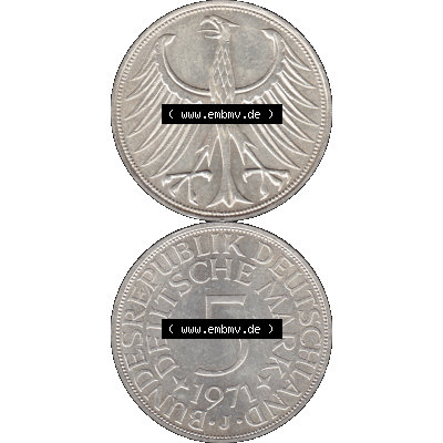 BRD Münzen 5 Deutsche Mark, 5 DM Silbermünze in 625/1000 Silber 1951-1974, 5 DM, 5 Deutsche Mark Silberadler, Heiermann 1971 J-1. Das digitale Bild/Foto... Sammlung