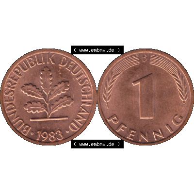 BRD Münzen in PNG 1950-2001, 1 Pfennig der BRD Deutschland 1983, 1980er Jahre Mzz. München D-01. Die PNG-Grafik zeigt eine 1 Pfennig Münze der Bundesrepublik Deutschland.... Sammlung