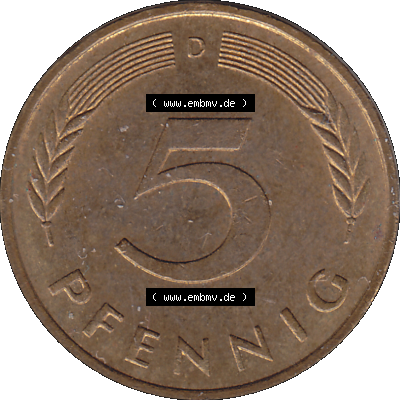 BRD Münzen 5 Pf., Umlaufmünze 1950-2001, 5 Pfennig Deutschland der BRD, 1989 Münzstätte München Mzz. D-02. Rückseite mit Wert-Zahl der... Sammlung