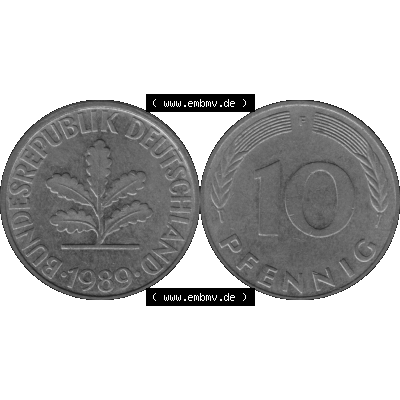 BRD Münzen 10 Pf. Umlaufmünze in PNG 1950-2001, 10 Pfennig 1989 F-02 Graustufen. Graustufen-Bild aus Farbigen Bilder mit Vorderseite und Rückseite mit Wert-Zahl auf einen... Sammlung