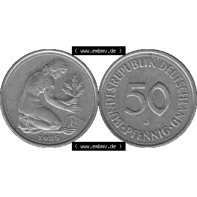 BRD Münzen Deutschland J 50 Pf. Umlaufmünze in Graustufen PNG 1950-2001, 50 Pfennig 1985 Münzzeichen "J" für Hamburg "J"-01 Graustufen. PNG Computer-Grafik... Sammlung