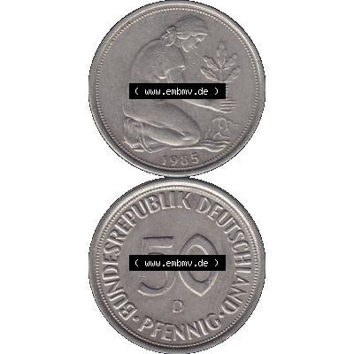 BRD Münzen 50 Pf. Umlaufmünze in PNG 1950-2001, 50 Pfennig BRD Deutschland 1985 D-01. 50 Pfennig Münze der 1980-er Jahre, Vorderseite und Rückseite auf einen... Sammlung
