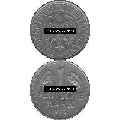 BRD Deutschland Münzen 1 - Eine DM / Eine Deutsche Mark in Graustufen PNG 1990-2001, 1 Deutsche Mark 1990 A-01 Graustufen. PNG Computer-Grafik in Graustufen-PNG einer digitalisierten... Sammlung