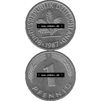 BRD Münzen 1 Pfennig Umlaufmünze in Graustufen PNG 1950-2001, 1 Pfennig 1987, 1980er Jahre Mzz. F-01. Graues-Bild 1 Pfennig F aus farbigen Bild erstellt mit Vorderseite... Sammlung