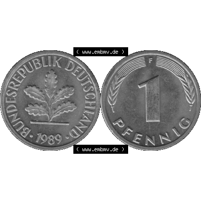 BRD Münzen 1 Pfennig Umlaufmünze in Graustufen PNG 1950-2001, 1 Pfennig 1989, 1980er Jahre Mzz. F-01. Graustufen-Bild aus Farbigen Bilder mit Vorderseite und Rückseite... Sammlung