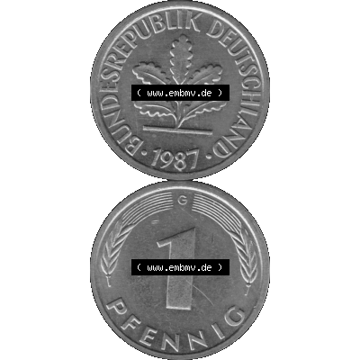 BRD Münzen 1 Pfennig BRD-Deutschland Umlaufmünze in Graustufen PNG 1950-2001, 1 Pfennig 1987, 1980er Jahre Münzstätte Karlsruhe G-01. Graustufen-Bild erstellt aus... Sammlung