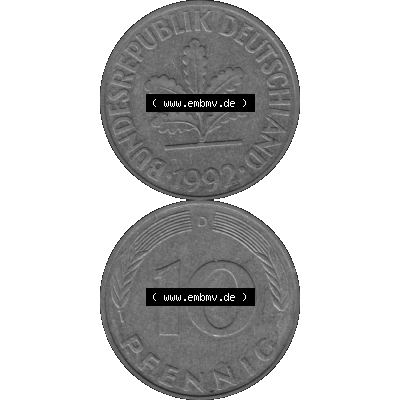 BRD Münzen 10 Pf. Umlaufmünze in PNG 1950-2001, 10 Pfennig 1992 D-01 Graustufen. Graustufen-Bild erstellt aus Farbigen Bild mit Vorderseite und Rückseite auf einen Bild... Sammlung
