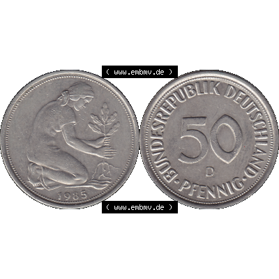 BRD Münzen 50 Pf. Umlaufmünze in PNG 1950-2001, 50 Pfennig BRD Deutschland 1985 D-01. 50 Pfennig Münze der 1980-er Jahre, Vorderseite und Rückseite mit Wert-Zahl... Sammlung