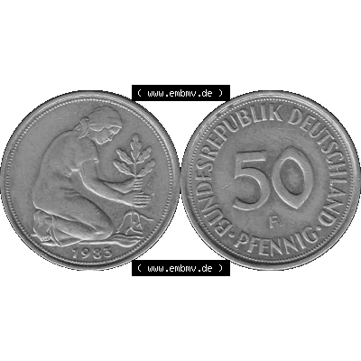 BRD Münzen Deutschland F 50 Pf. Umlaufmünze in Graustufen PNG 1950-2001, 50 Pfennig 1983 Münzzeichen "F" für Stuttgart - "F"-01 Graustufen. PNG... Sammlung