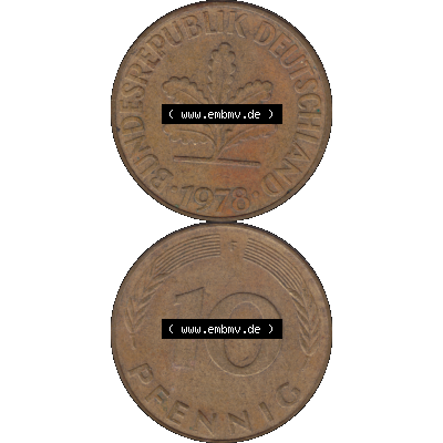 BRD Münzen 10 Pf. Umlaufmünze in PNG 1950-2001, 10 Pfennig 1978 F-01. Vorderseite und Rückseite auf einen Bild / Foto vertikal untereinander zusammengefügt,... Sammlung