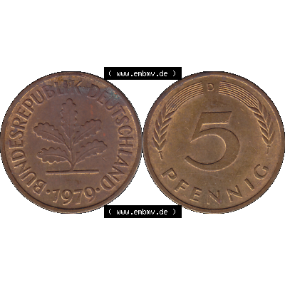 BRD Münzen 5 Pf., Umlaufmünze 1950-2001, 5 Pfennig Deutschland der BRD, 1979 Münzstätte München Mzz. D-01. Vorderseite und Rückseite... Sammlung