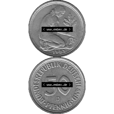 BRD Münzen Deutschland D 50 Pf. Umlaufmünze in Graustufen PNG 1950-2001, 50 Pfennig 1983 Münzzeichen "D" für München - "D"-01 Graustufen.... Sammlung