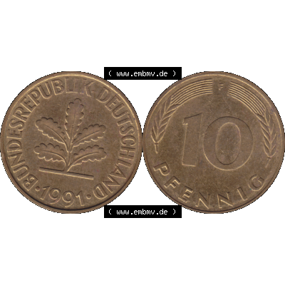 BRD Münzen 10 Pf. Umlaufmünze in PNG 1950-2001, 10 Pfennig 1991 F-01. Vorderseite und Rückseite mit Wert-Zahl auf einen Bild / Foto der digitalisierten 10 Pfennig... Sammlung