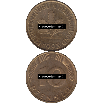 BRD Münzen 10 Pf. Umlaufmünze in PNG 1990-2001, 10 Pfennig 1993 A-01. Vorderseite und Rückseite auf einen Bild / Foto vertikal untereinander zusammengefügt,... Sammlung