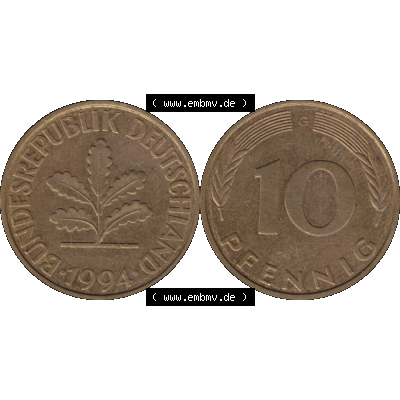 BRD Münzen 10 Pf. Umlaufmünze in PNG 1950-2001, 10 Pfennig 1994 G-12. Vorderseite und Rückseite mit Wert-Zahl auf einen Bild / Foto der digitalisierten 10 Pfennig... Sammlung