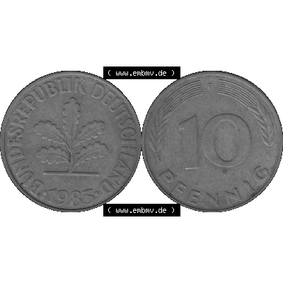 BRD Münzen 10 Pf. Umlaufmünze in PNG 1950-2001, 10 Pfennig 1985 F-01 Graustufen. Graustufen-Bild aus Farbigen Bilder mit Vorderseite und Rückseite mit Wert-Zahl auf einen... Sammlung
