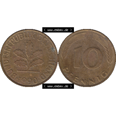 BRD Münzen 10 Pf. Umlaufmünze in PNG 1950-2001, 10 Pfennig 1990 F-01. Vorderseite und Rückseite mit Wert-Zahl auf einen Bild / Foto der digitalisierten 10 Pfennig... Sammlung