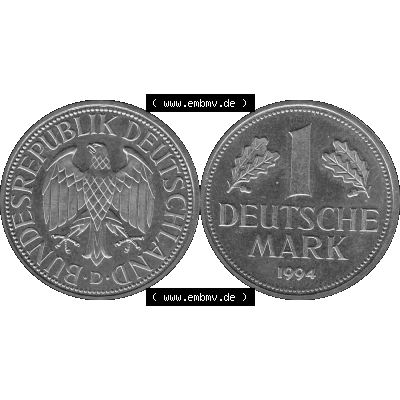 BRD Deutschland Münzen 1 / Eine DM / Eine Deutsche Mark in Graustufen PNG 1950-2001, 1 DM Deutsche Mark, 1994 Münzzeichen für München Mzz. D-01 Graustufen.... Sammlung