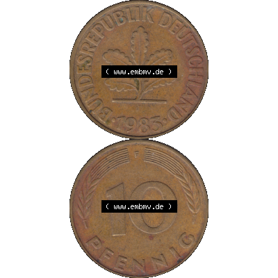 BRD Münzen 10 Pf. Umlaufmünze in PNG 1950-2001, 10 Pfennig 1985 F-01. Vorderseite und Rückseite auf einen Bild / Foto vertikal untereinander zusammengefügt,... Sammlung