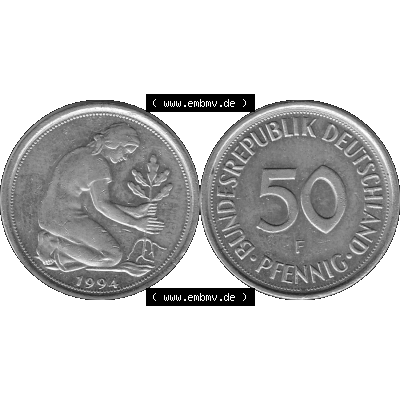 BRD Münzen Deutschland F 50 Pf. Umlaufmünze in Graustufen PNG 1950-2001, 50 Pfennig 1994 Münzzeichen "F" für Stuttgart - "F"-01 Graustufen. PNG... Sammlung