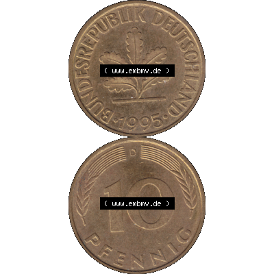 BRD Münzen 10 Pf. Umlaufmünze in PNG 1950-2001, 10 Pfennig 1995 D-03. Vorderseite und Rückseite auf einen Bild / Foto vertikal untereinander zusammengefügt,... Sammlung