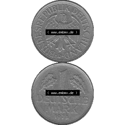 BRD Deutschland Münzen 1 / Eine DM / Eine Deutsche Mark in Graustufen PNG 1950-2001, 1 DM Deutsche Mark, 1973 Münzzeichen für München Mzz. D-01 Graustufen.... Sammlung