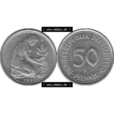 BRD Münzen Deutschland F 50 Pf. Umlaufmünze in Graustufen PNG 1950-2001, 50 Pfennig 1992 Münzzeichen "F" für Stuttgart - "F"-01 Graustufen. PNG... Sammlung