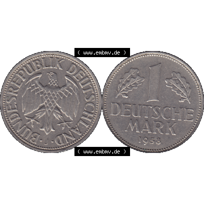 BRD Münzen 1 DM, Umlaufmünze 1950-2001, BRD Deutschland 1 / Eine DM - 1 Eine Deutsche Mark, 1958 Münzzeichen Hamburg Mzz J-1. Münzen-Rückseite und... Sammlung