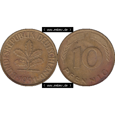 BRD Münzen 10 Pf. Umlaufmünze in PNG 1950-2001, 10 Pfennig 1991 F-07. Vorderseite und Rückseite mit Wert-Zahl auf einen Bild / Foto der digitalisierten 10 Pfennig... Sammlung