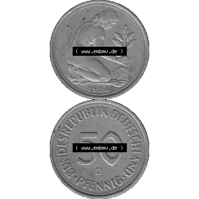 BRD Münzen Deutschland D 50 Pf. Umlaufmünze in Graustufen PNG 1950-2001, 50 Pfennig 1984 Münzzeichen "D" für München - "D"-01 Graustufen.... Sammlung