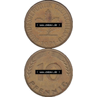 BRD Münzen 10 Pf. Umlaufmünze in PNG 1950-2001, 10 Pfennig 1971 F-05. Vorderseite und Rückseite auf einen Bild / Foto vertikal untereinander zusammengefügt,... Sammlung