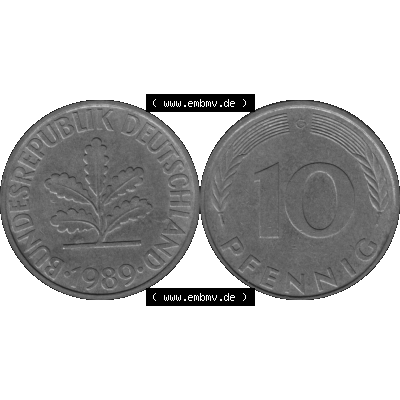 BRD Münzen 10 Pf. Umlaufmünze in PNG 1950-2001, 10 Pfennig 1989 G-01 Graustufen. Graustufen-Bild vom Scanner aus farbigen Bild mit Vorderseite und Rückseite mit Wert-Zahl... Sammlung