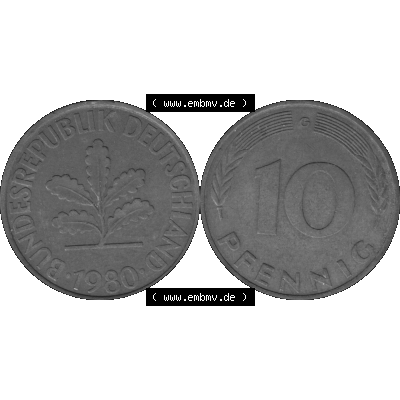 BRD Münzen 10 Pf. Umlaufmünze in PNG 1950-2001, 10 Pfennig 1980 G-01 Graustufen. Graustufen-Bild vom Scanner aus farbigen Bild mit Vorderseite und Rückseite mit Wert-Zahl... Sammlung