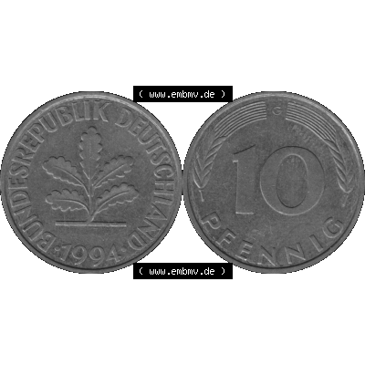 BRD Münzen 10 Pf. Umlaufmünze in PNG 1950-2001, 10 Pfennig 1994 G-12 Graustufen. Graustufen-Bild vom Scanner aus farbigen Bild mit Vorderseite und Rückseite mit Wert-Zahl... Sammlung