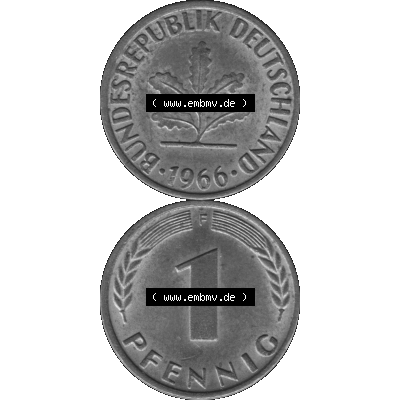 BRD Münzen 1 Pfennig Umlaufmünze in Graustufen PNG 1950-2001, 1 Pfennig 1966, 1960er Jahre Mzz. F-01. Graues-Bild 1 Pfennig F aus farbigen Bild erstellt mit Vorderseite... Sammlung