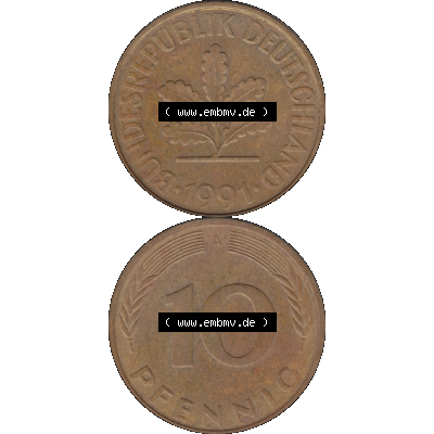 BRD Münzen 10 Pf. Umlaufmünze in PNG 1990-2001, 10 Pfennig 1991 A-04. Vorderseite und Rückseite auf einen Bild / Foto vertikal untereinander zusammengefügt,... Sammlung