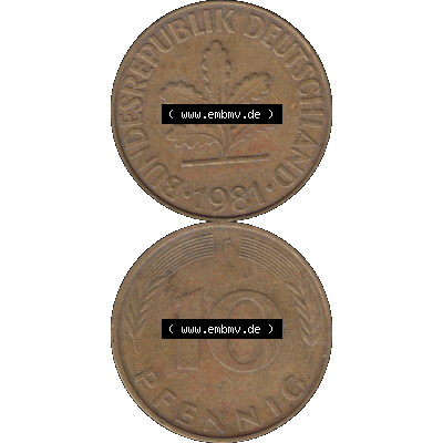 BRD Münzen 10 Pf. Umlaufmünze in PNG 1950-2001, 10 Pfennig 1981 F-01. Vorderseite und Rückseite auf einen Bild / Foto vertikal untereinander zusammengefügt,... Sammlung
