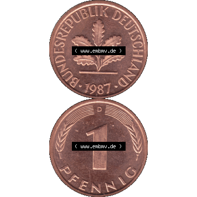 BRD Münzen in PNG 1950-2001, 1 Pfennig der BRD Deutschland 1987, 1980er Jahre Mzz. München D-01. Hier befindet sich eine PNG-Grafik einer 1 Pfennig Münze BRD mit... Sammlung