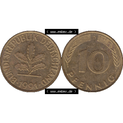 BRD Münzen 10 Pf. Umlaufmünze in PNG 1950-2001, 10 Pfennig 1991 D-10. Vorderseite und Rückseite mit Wert-Zahl auf einen Bild / Foto der digitalisierten 10 Pfennig... Sammlung