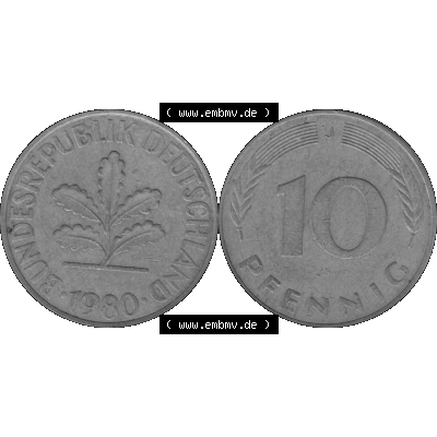 BRD Münzen 10 Pf. Umlaufmünze in PNG 1950-2001, 10 Pfennig 1980 J-01 Graustufen. Graustufen Bild aus zwei Bildern vom Scanner mit Vorderseite und Rückseite mit Wert-Zahl... Sammlung