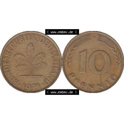 BRD Münzen 10 Pf. Umlaufmünze in PNG 1950-2001, 10 Pfennig 1971 F-01. Vorderseite und Rückseite mit Wert-Zahl auf einen Bild / Foto der digitalisierten 10 Pfennig... Sammlung