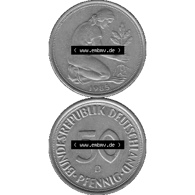 BRD Münzen Deutschland D 50 Pf. Umlaufmünze in Graustufen PNG 1950-2001, 50 Pfennig 1985 Münzzeichen "D" für München - "D"-01 Graustufen.... Sammlung