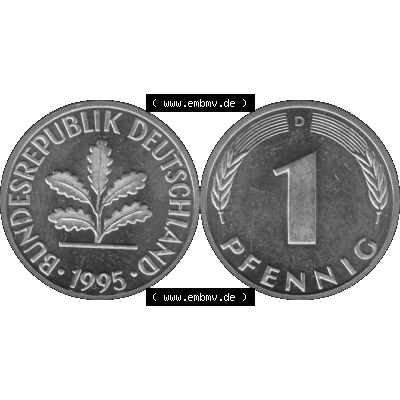 BRD Münzen 1 Pfennig Umlaufmünze in Graustufen PNG 1950-2001, 1 Pfennig 1995 München D-01. Graustufen-Bilder der Vorderseite und Rückseite mit Wert-Zahl auf einen Bild... Sammlung