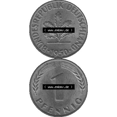 BRD Münzen 1 Pfennig Umlaufmünze in Graustufen PNG 1950-2001, 1 Pfennig 1950 München D-01. Graustufen-Bild erstellt aus Farbigen Bild mit Vorderseite und Rückseite auf... Sammlung