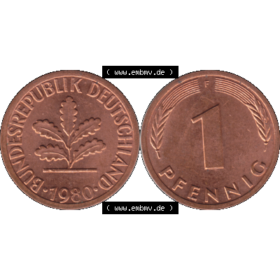 BRD Münzen 1 Pfennig Umlaufmünze in PNG 1950-2001, 1 Pfennig 1980, 1980er Jahre Stuttgart F-01. Die PNG-Grafik zeigt eine 1 Pfennig Münze der Bundesrepublik Deutschland.... Sammlung