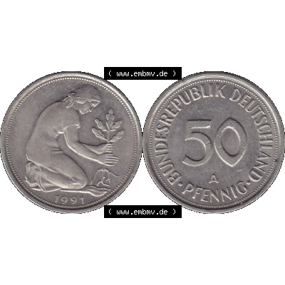 BRD Münzen 50 Pf. Umlaufmünze in PNG 1990-2001, 50 Pfennig BRD Deutschland 1991 Mzz. Berlin A-1. Transparente Vorderseite und Rückseite als PNG-Grafik mit Wert-Zahl... Sammlung