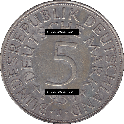 BRD Münzen 5 Deutsche Mark, 5 DM Silbermünze in 625/1000 Silber 1951-1974, 5 DM, 5 Deutsche Mark Silberadler, Heiermann 1951 J-1. Das Bild/Foto zeigt die... Sammlung